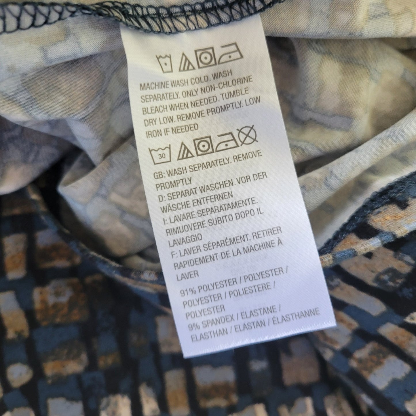 Susan Graver QVC Women's XL Blue Brown Geometric Blouse Ruched Bell Sleeve