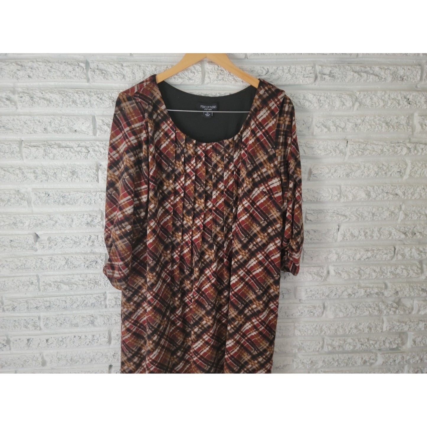 Perceptions Women Dress Extra Large XL Shirt Knit Mini Brown Plaid Ruched Sleeve