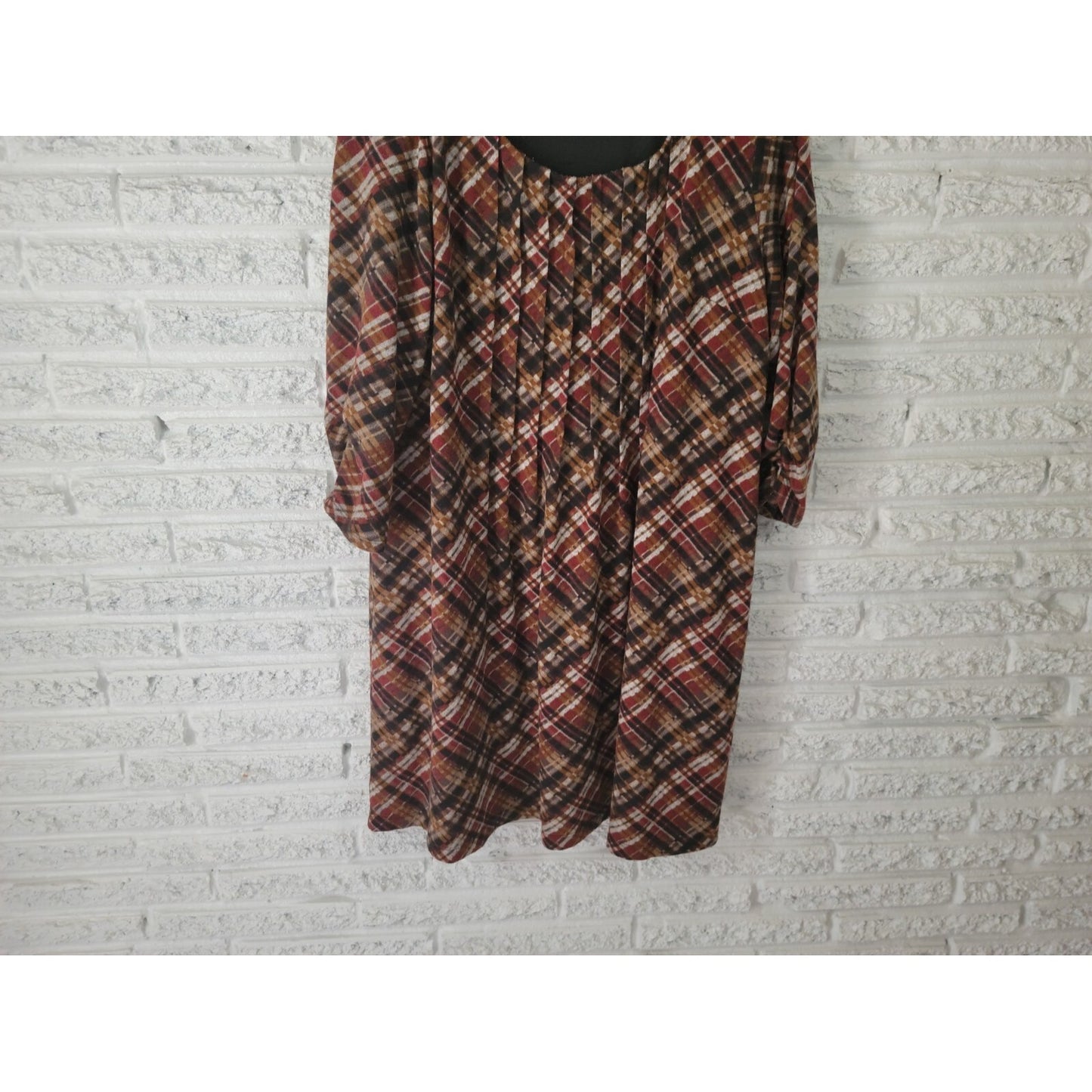 Perceptions Women Dress Extra Large XL Shirt Knit Mini Brown Plaid Ruched Sleeve