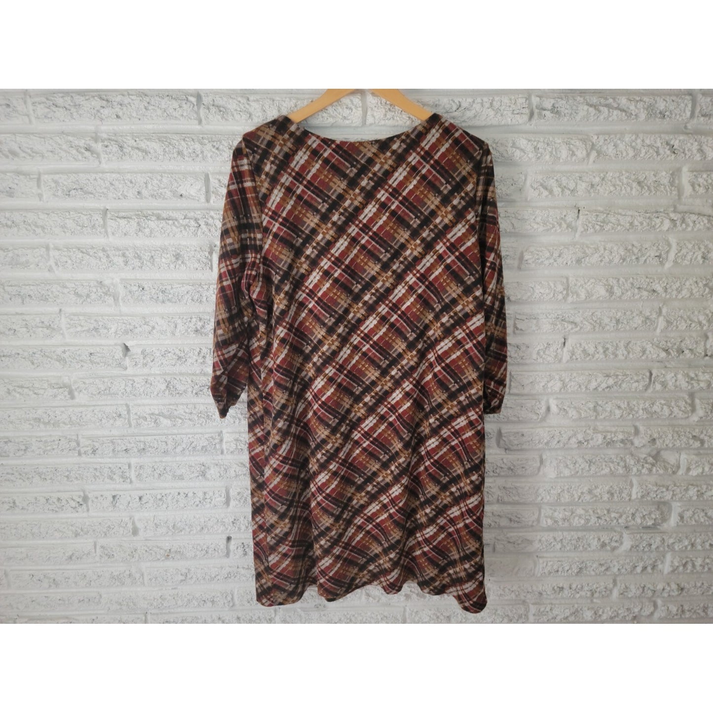 Perceptions Women Dress Extra Large XL Shirt Knit Mini Brown Plaid Ruched Sleeve