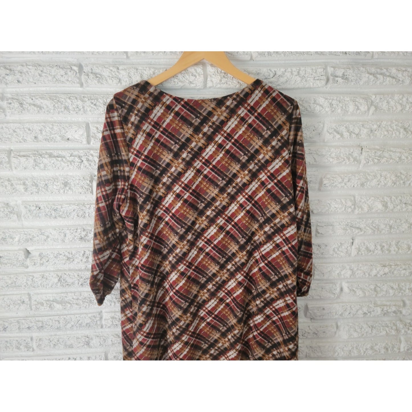 Perceptions Women Dress Extra Large XL Shirt Knit Mini Brown Plaid Ruched Sleeve