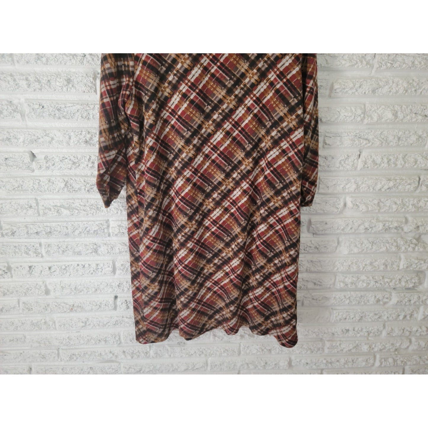 Perceptions Women Dress Extra Large XL Shirt Knit Mini Brown Plaid Ruched Sleeve