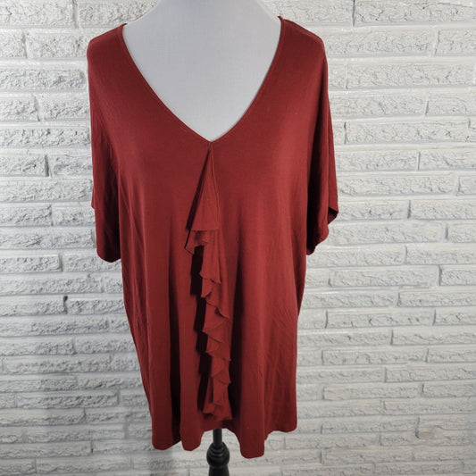 Catherines Women Top 0X 14W 16W Plus Short Sleeve Brown Ruffle Rayon Blend Comfy