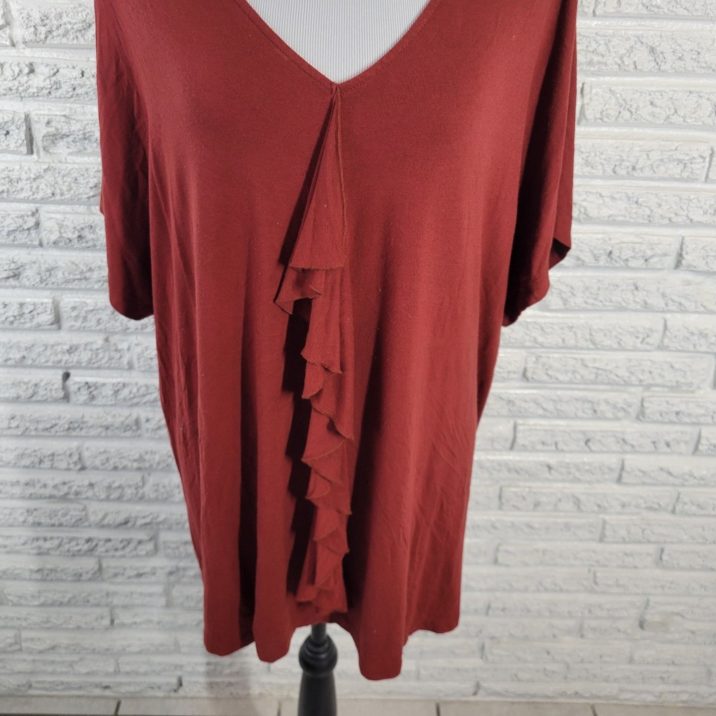 Catherines Women Top 0X 14W 16W Plus Short Sleeve Brown Ruffle Rayon Blend Comfy
