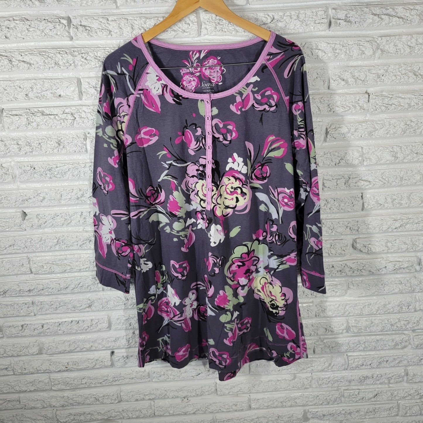 Soma Womens Pajama Top Extra Large 3/4 Sleeve Cotton Gray Lavender Floral Button