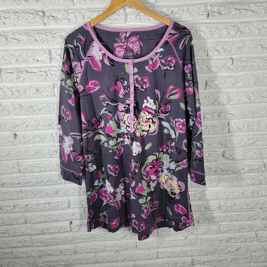Soma Womens Pajama Top Extra Large 3/4 Sleeve Cotton Gray Lavender Floral Button