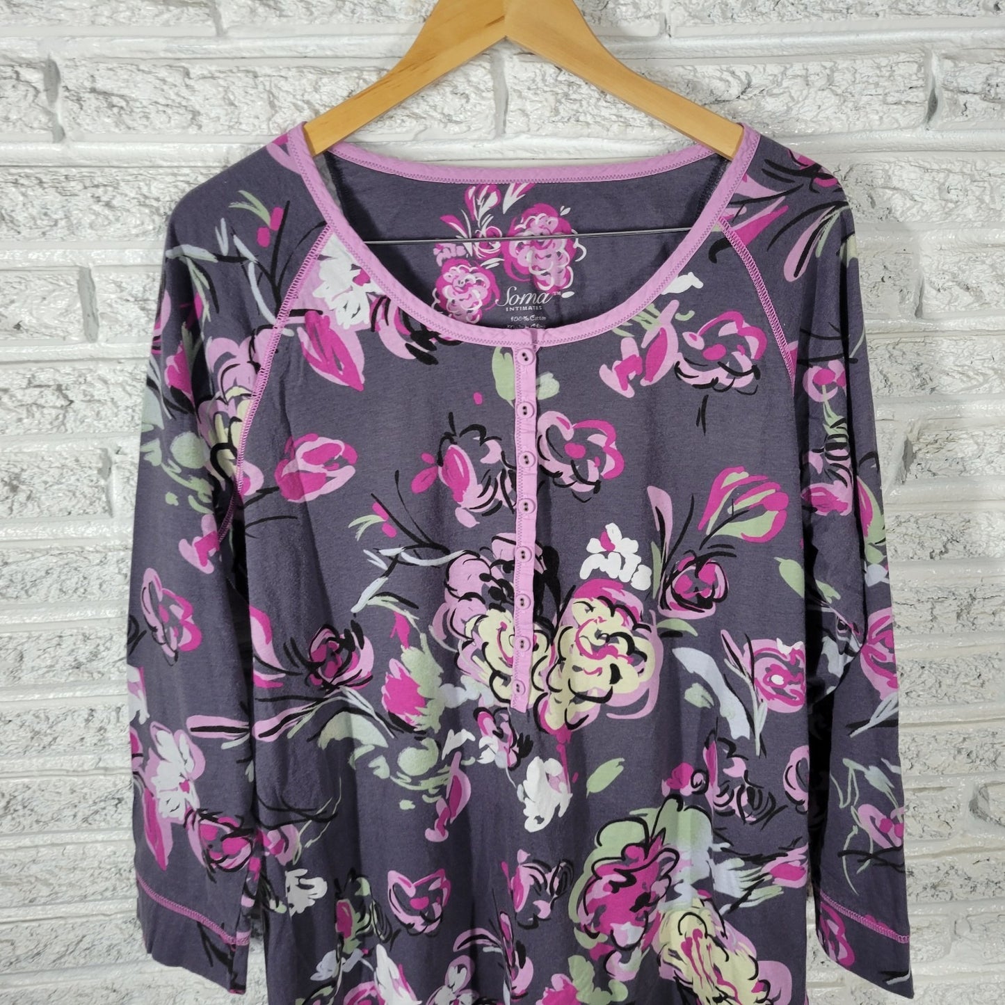 Soma Womens Pajama Top Extra Large 3/4 Sleeve Cotton Gray Lavender Floral Button