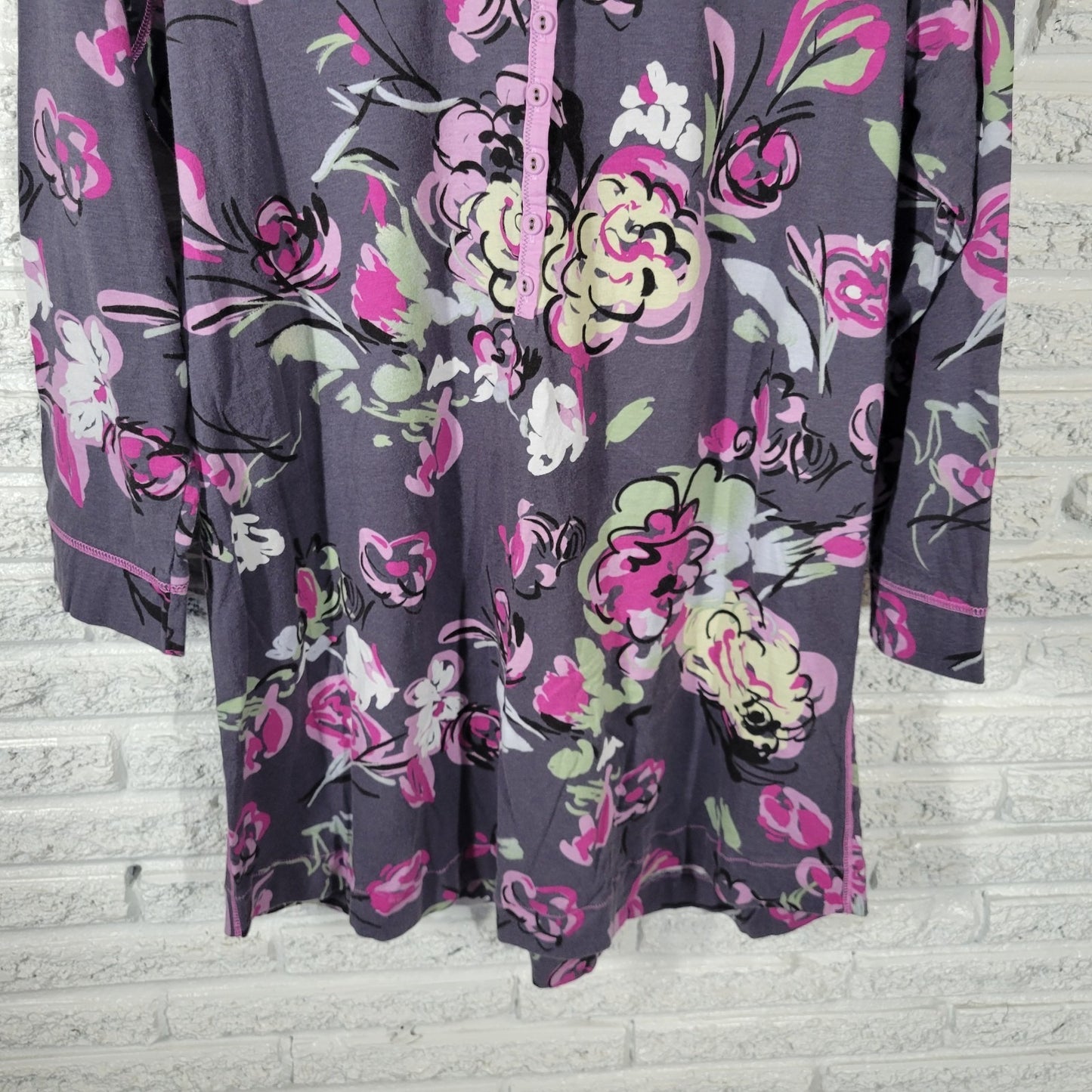 Soma Womens Pajama Top Extra Large 3/4 Sleeve Cotton Gray Lavender Floral Button