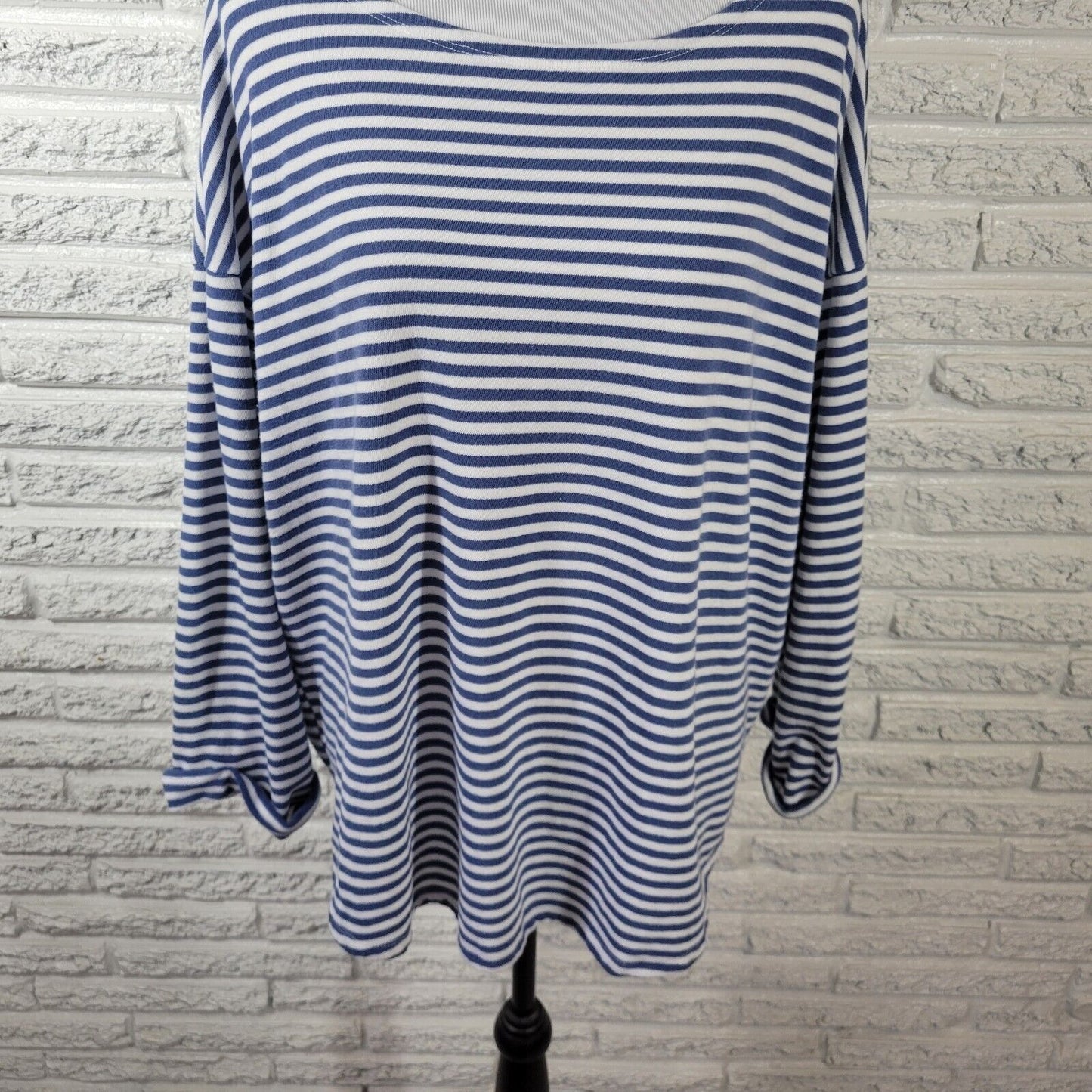 Old Navy Women Top XXL Tee Knit Cuff Sleeve Blue Stripe Cotton Blend Lightweight