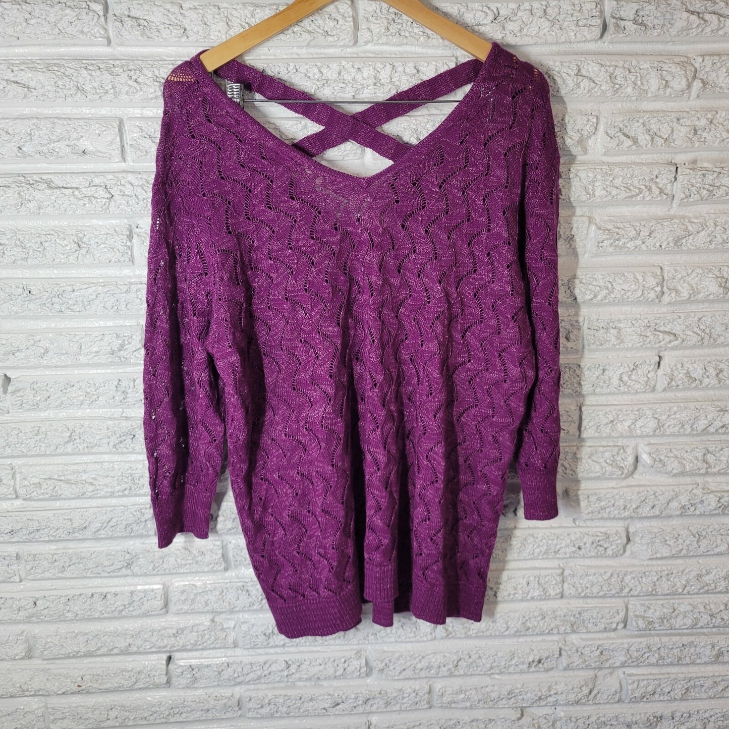 Sejour Womens Sweater 1X Plus Purple Soft Cotton Blend Lightweight Lattice Back