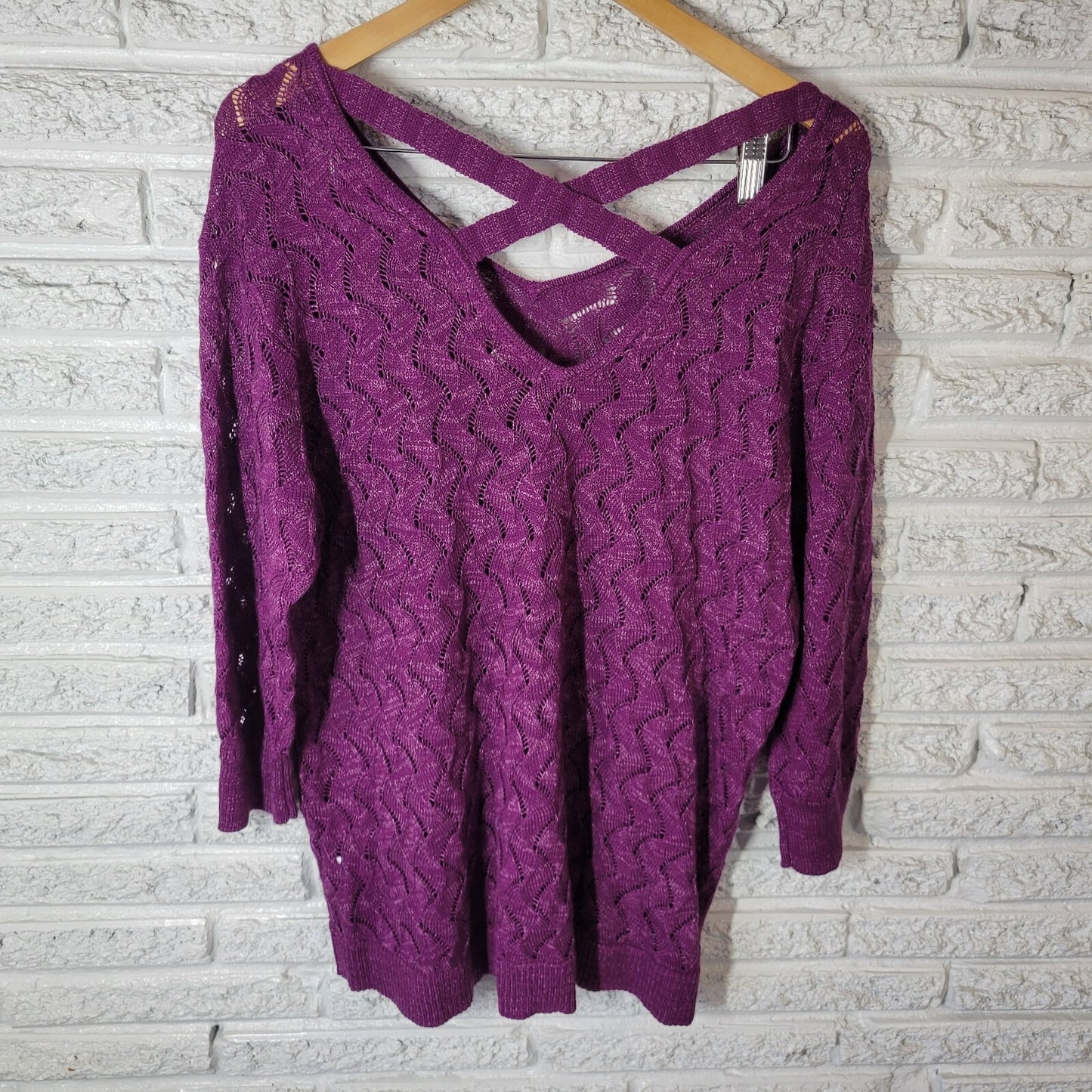 Sejour Womens Sweater 1X Plus Purple Soft Cotton Blend Lightweight Lattice Back
