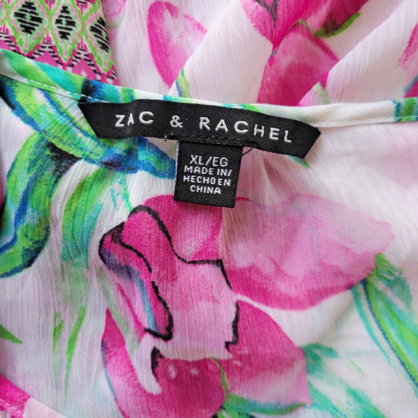 Zac Rachel Womens Top XL 3/4 Sleeve Pink Green Floral Sheer Keyhole Lace Trim