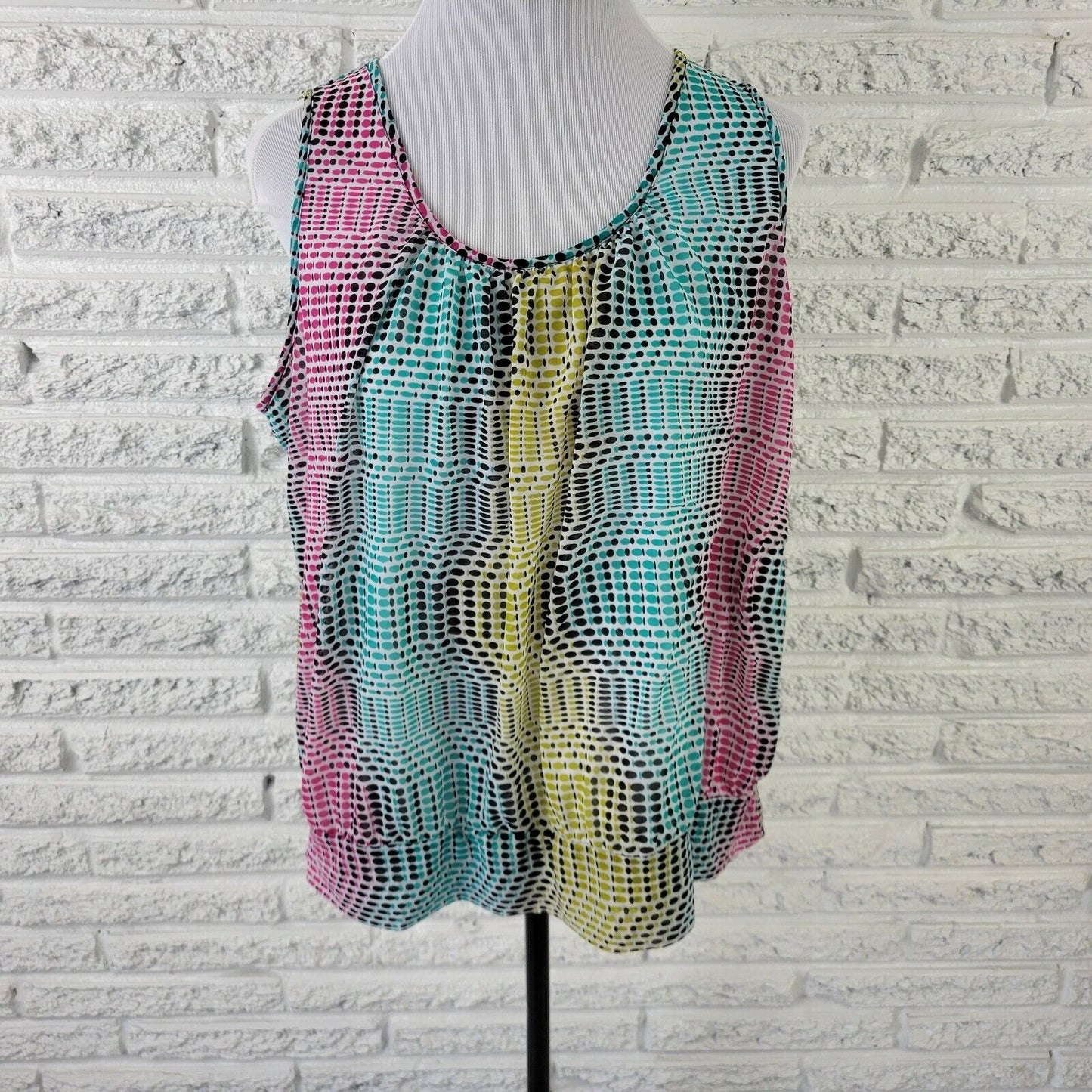 Worthington Womens Top 1X Plus Sleeveless Tank Circle Blue Geometric Pleated