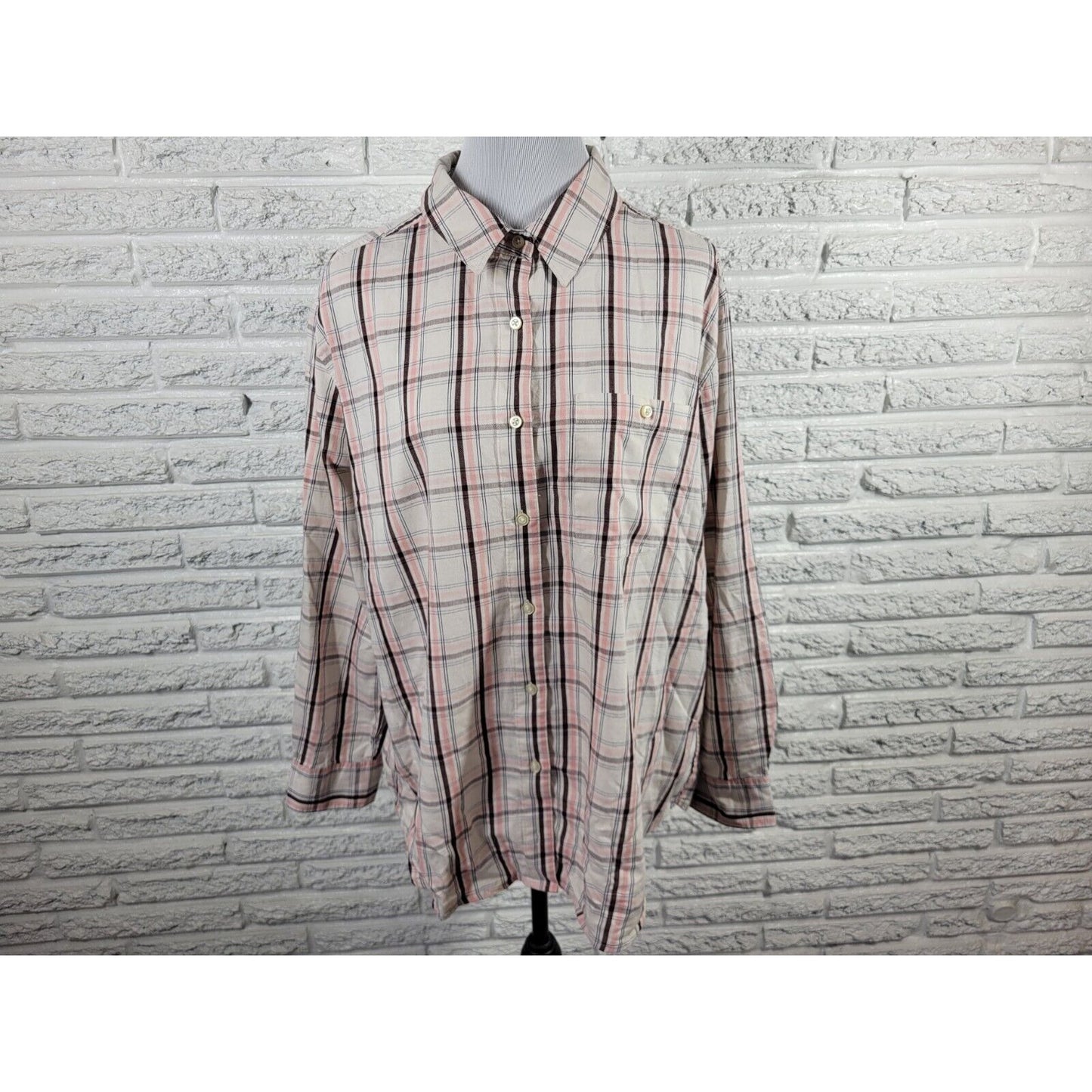 Lee Women Top 1X Long Sleeve Brown Pink Plaid Cotton Pocket Casual Collar Button