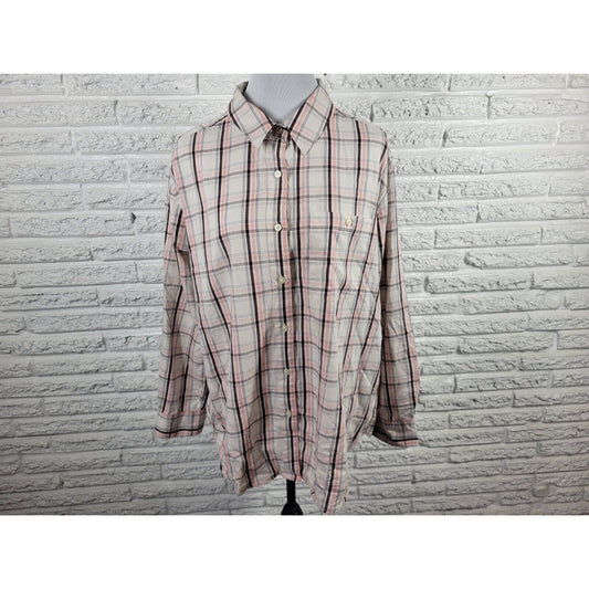 Lee Women Top 1X Long Sleeve Brown Pink Plaid Cotton Pocket Casual Collar Button