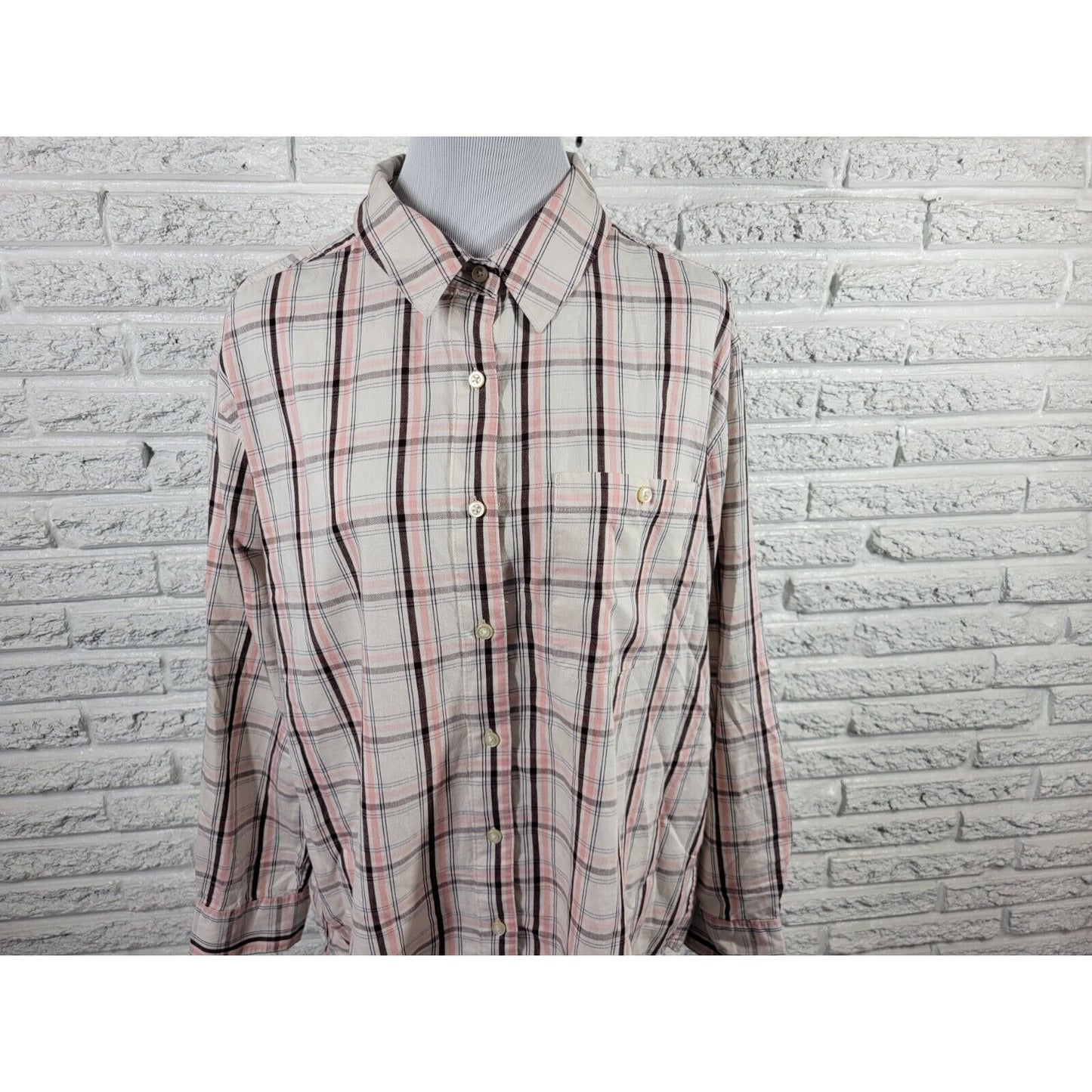 Lee Women Top 1X Long Sleeve Brown Pink Plaid Cotton Pocket Casual Collar Button