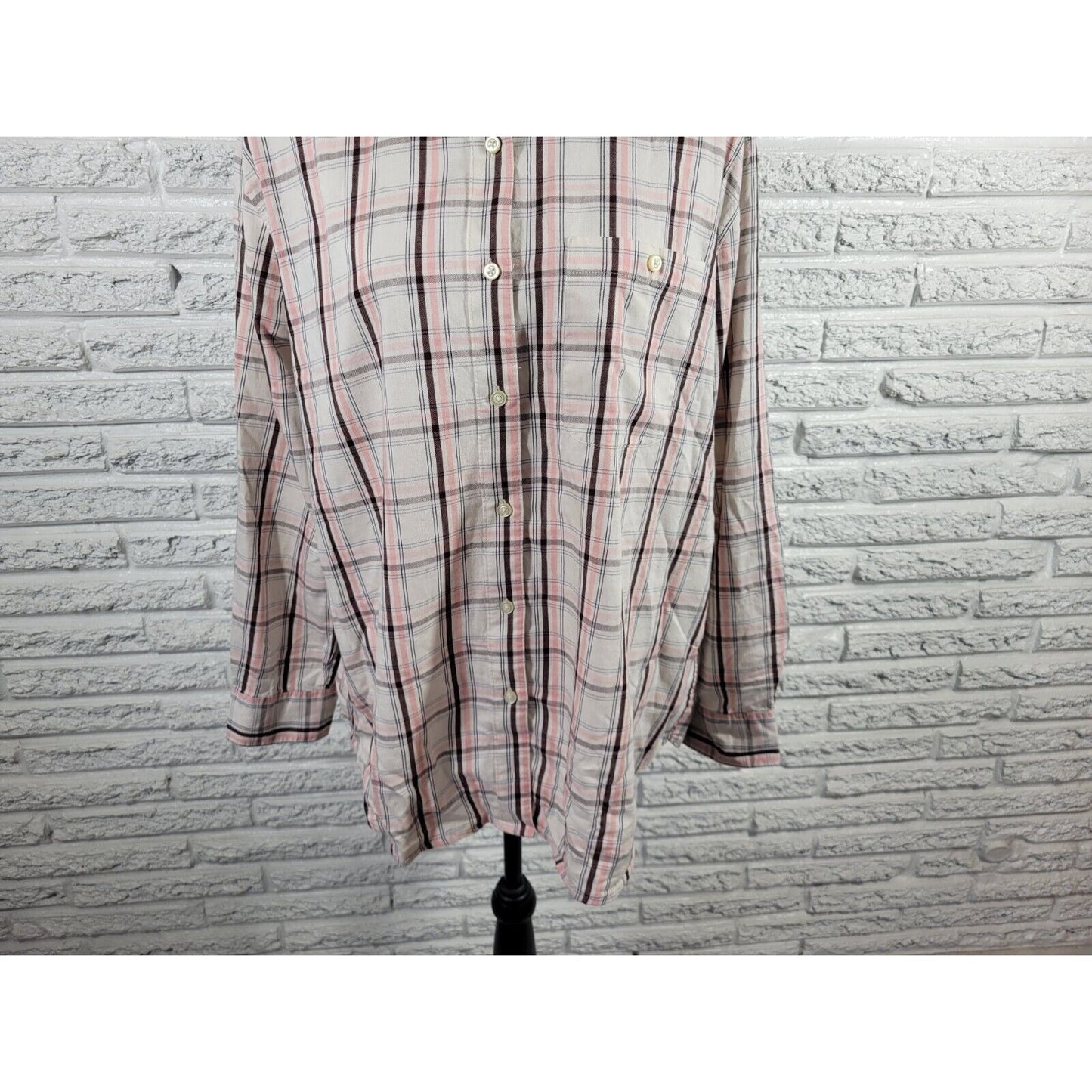 Lee Women Top 1X Long Sleeve Brown Pink Plaid Cotton Pocket Casual Collar Button