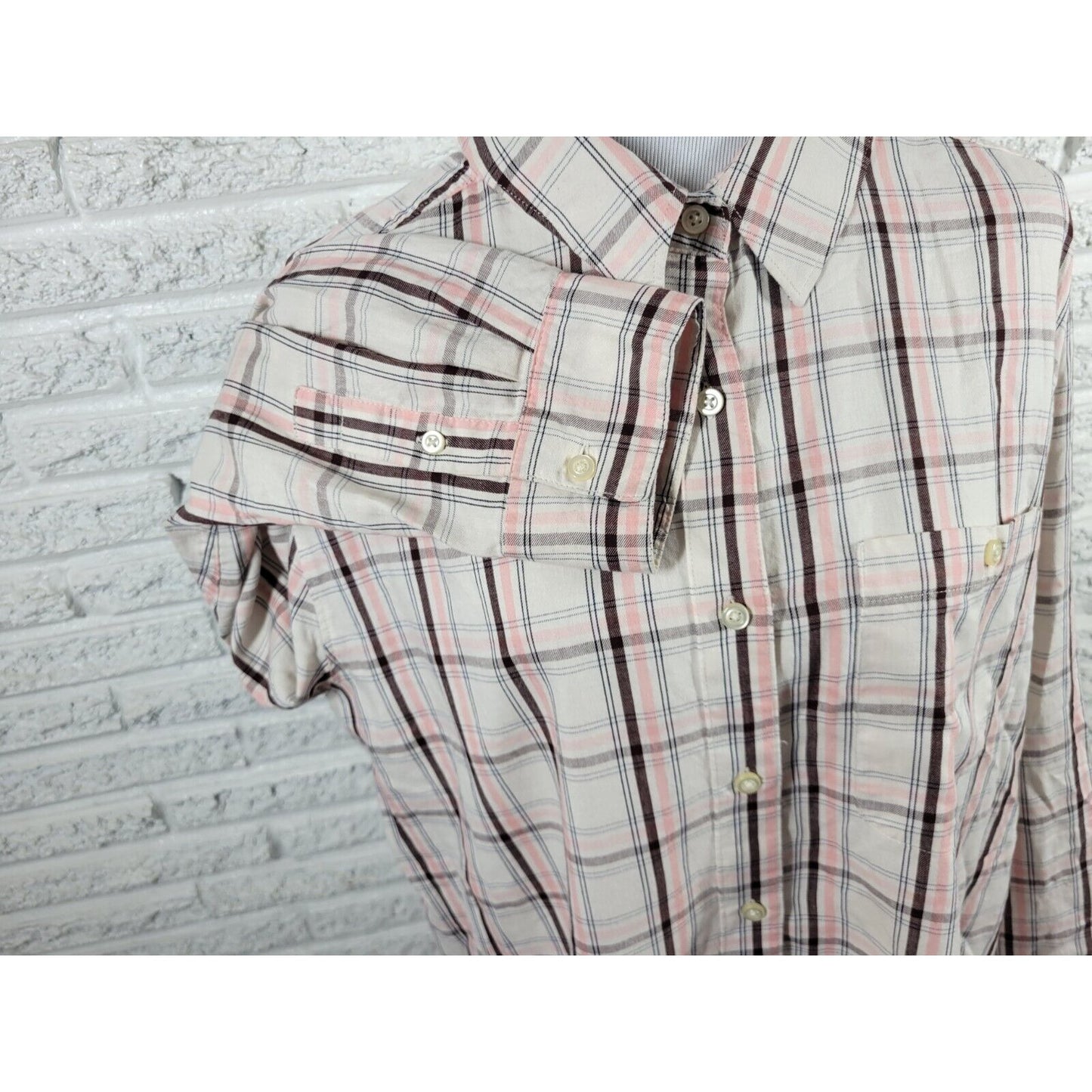Lee Women Top 1X Long Sleeve Brown Pink Plaid Cotton Pocket Casual Collar Button