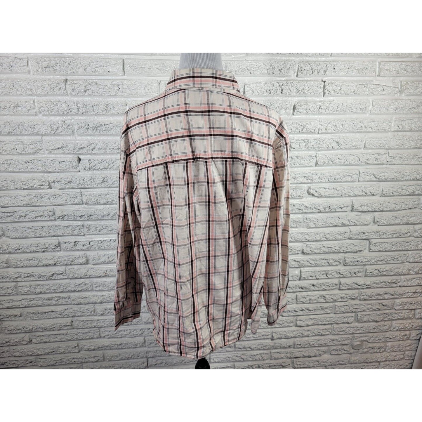 Lee Women Top 1X Long Sleeve Brown Pink Plaid Cotton Pocket Casual Collar Button