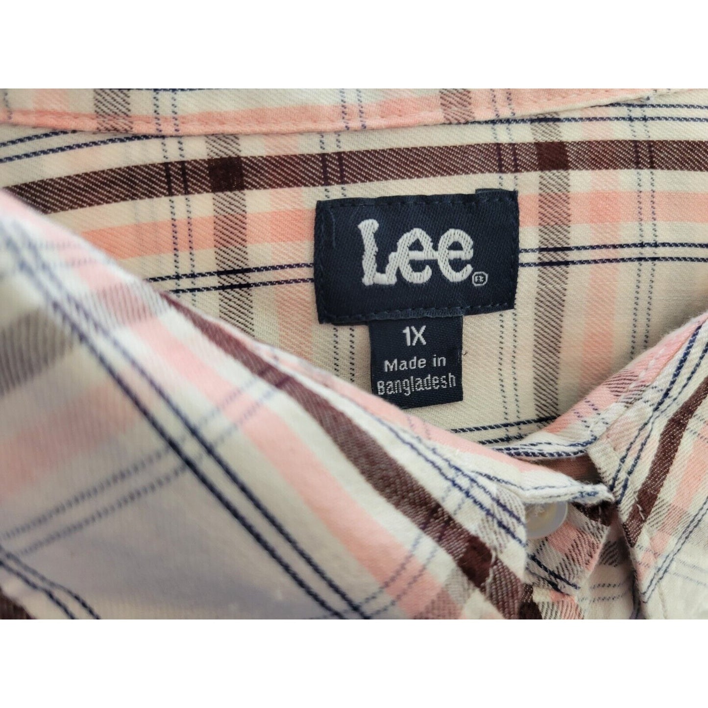 Lee Women Top 1X Long Sleeve Brown Pink Plaid Cotton Pocket Casual Collar Button