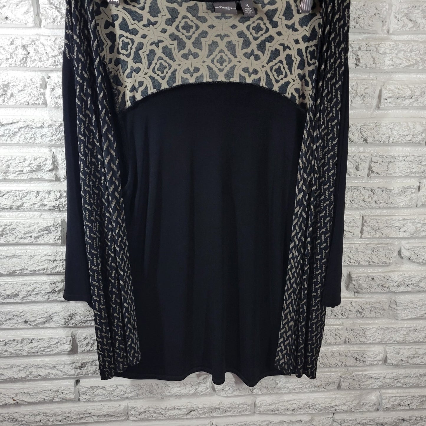 Chico's Travelers XL Black Geometric 3/4 Sleeve Blouse Acetate Spandex Stretch