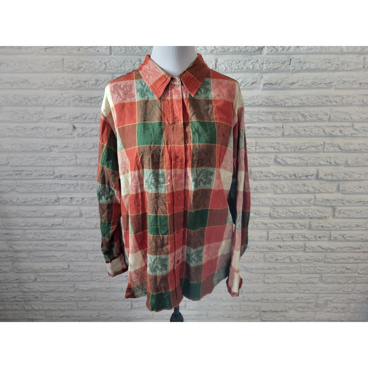Maria Gabrielle Women Top 2X Plus Long Sleeve Cotton Red Plaid Oak Leaves Collar