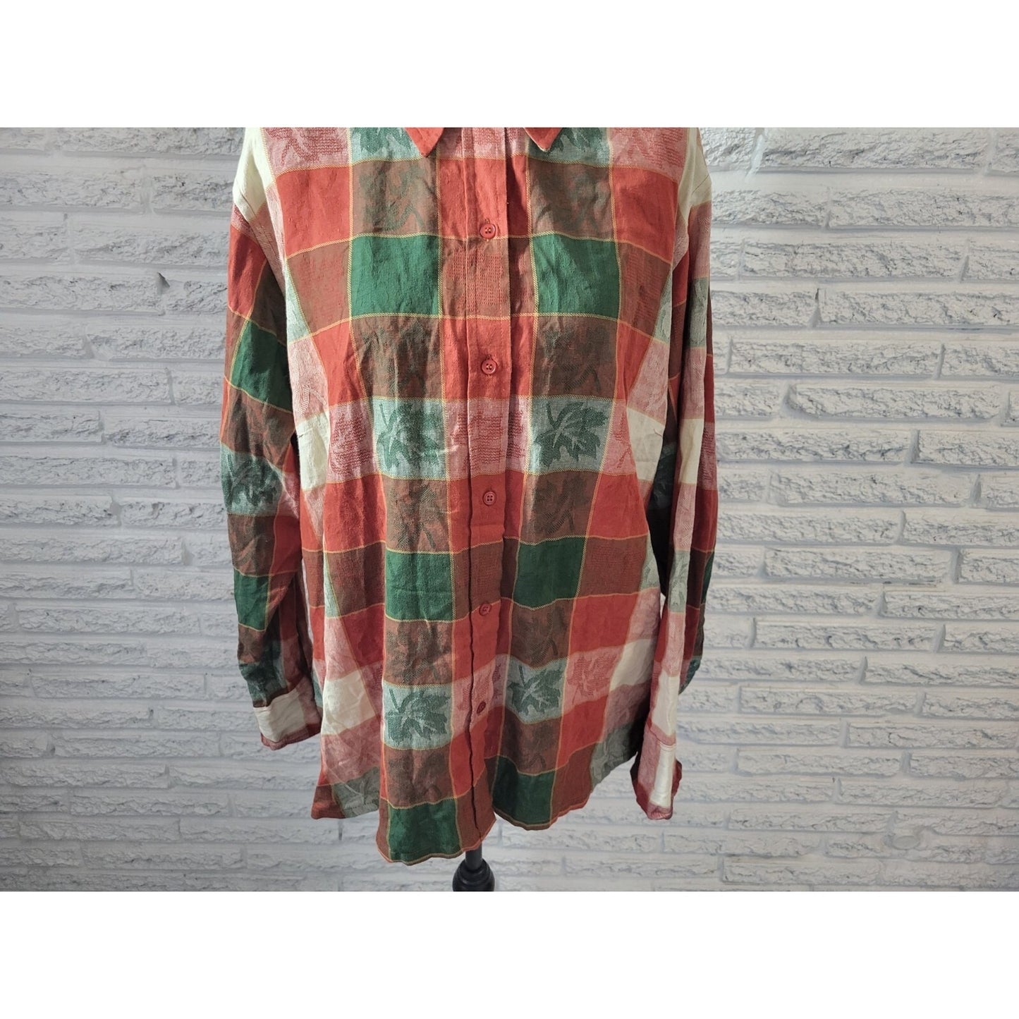 Maria Gabrielle Women Top 2X Plus Long Sleeve Cotton Red Plaid Oak Leaves Collar