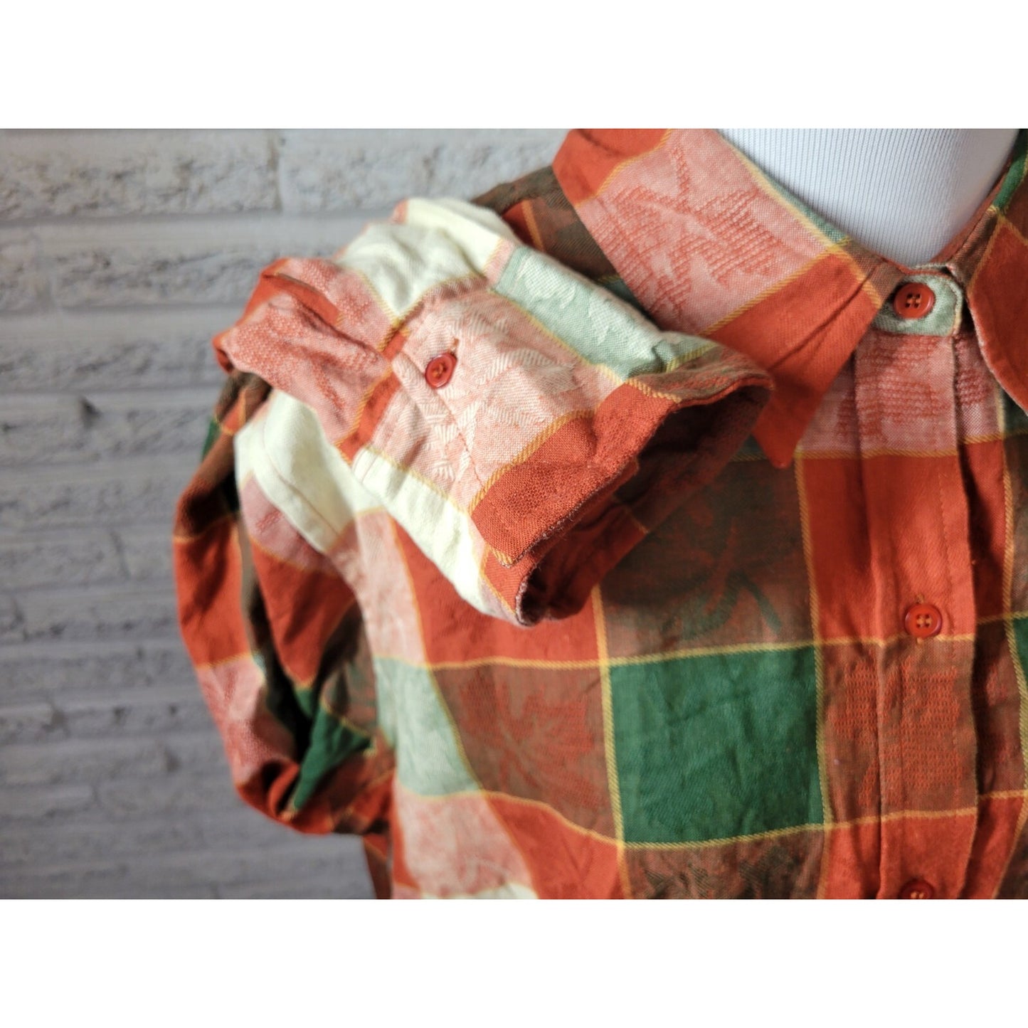 Maria Gabrielle Women Top 2X Plus Long Sleeve Cotton Red Plaid Oak Leaves Collar