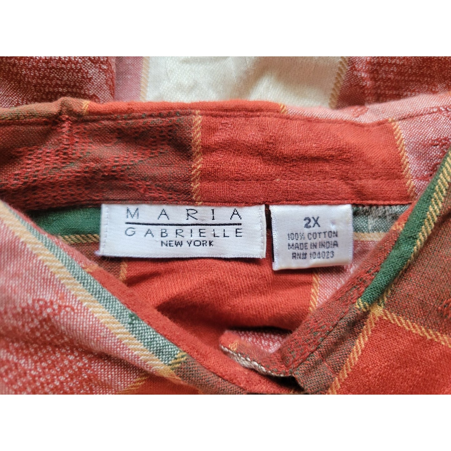 Maria Gabrielle Women Top 2X Plus Long Sleeve Cotton Red Plaid Oak Leaves Collar