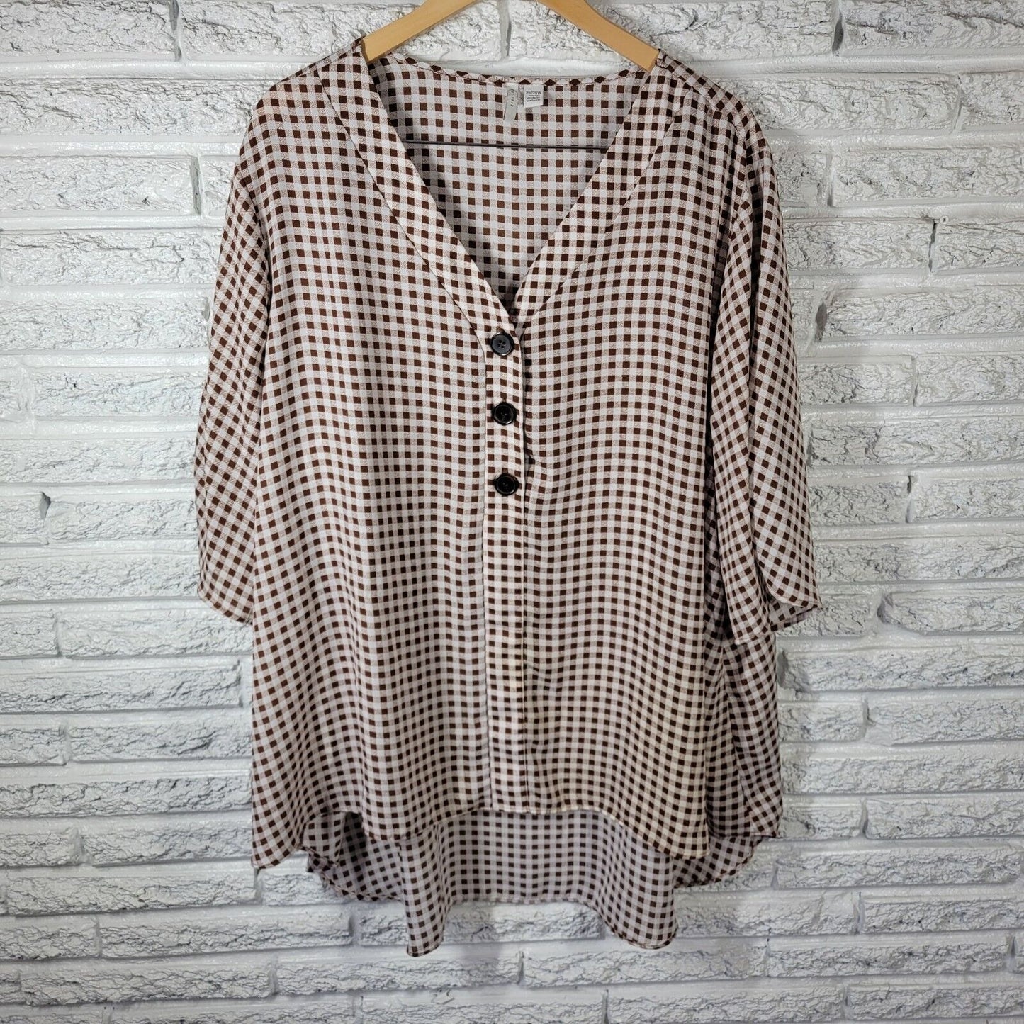 Cato Est 1946 Womens Top 26W 28W Ruched Sleeve Brown Plaid Lightweight Polyester