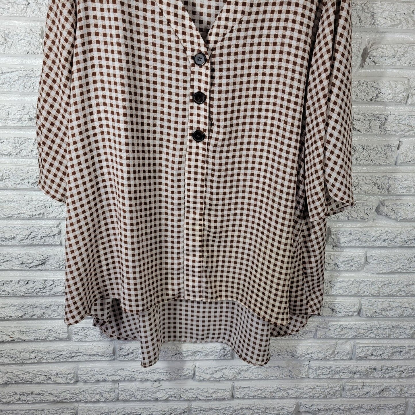 Cato Est 1946 Womens Top 26W 28W Ruched Sleeve Brown Plaid Lightweight Polyester