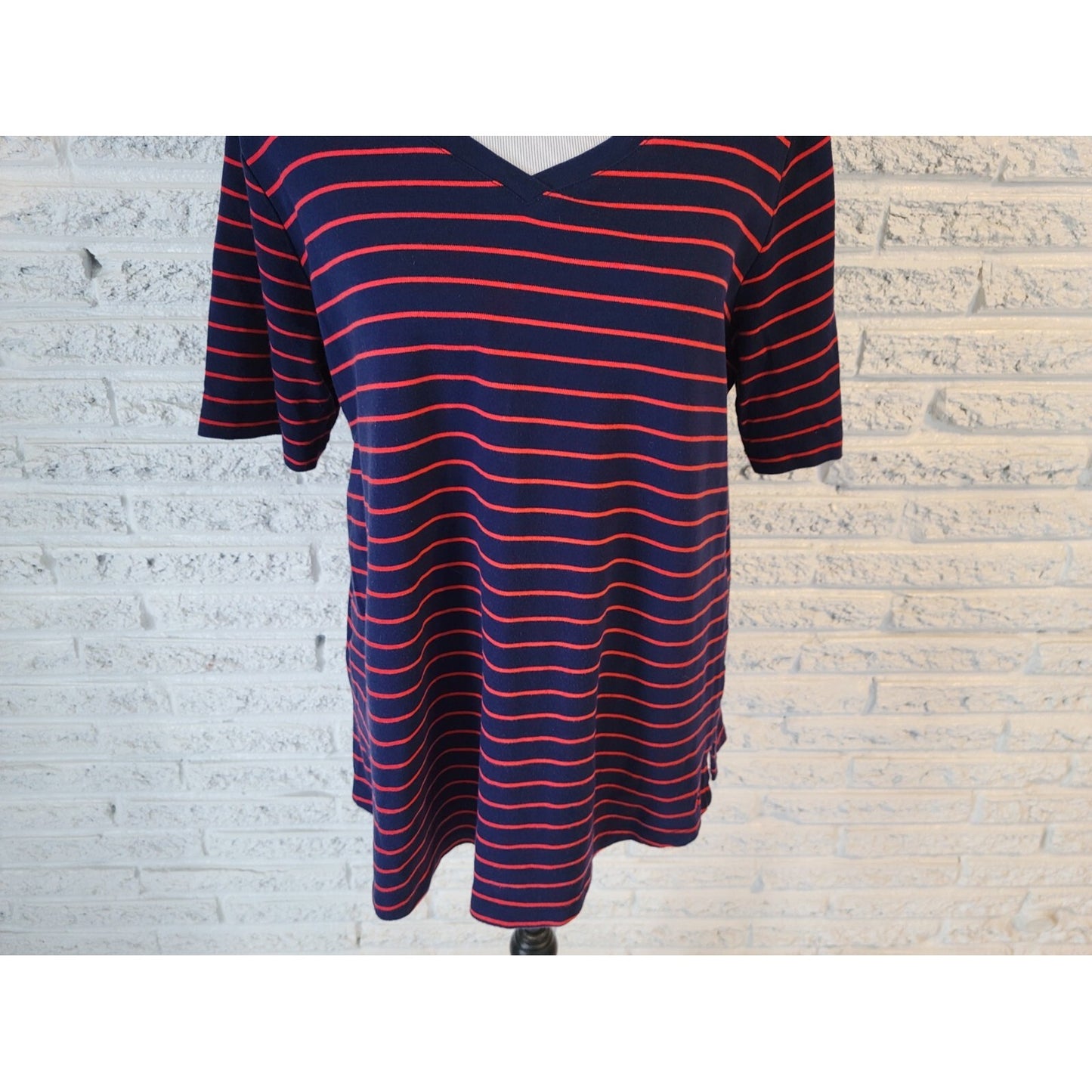 Isaac Mizrahi Live QVC Womens Top 1X Plus Tee Blue Stripe Cotton Casual VNeck
