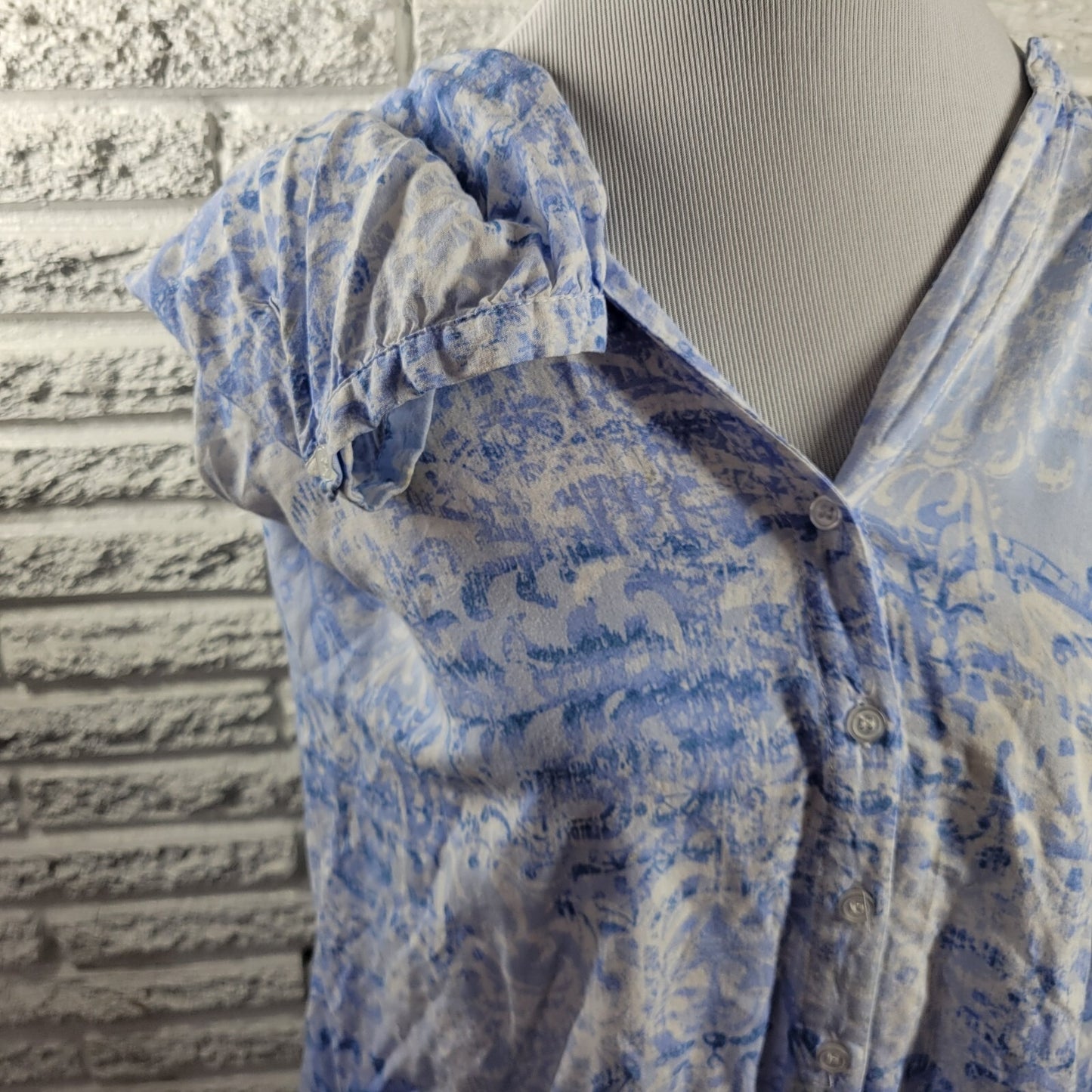 Spense Women's 1X Plus Top Blouse Blue Geometric V-Neck 3/4 Sleeve Tie Closure