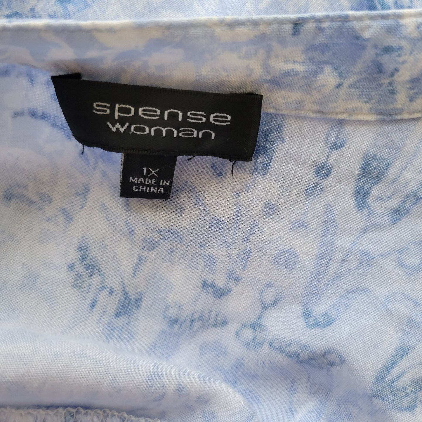 Spense Women's 1X Plus Top Blouse Blue Geometric V-Neck 3/4 Sleeve Tie Closure