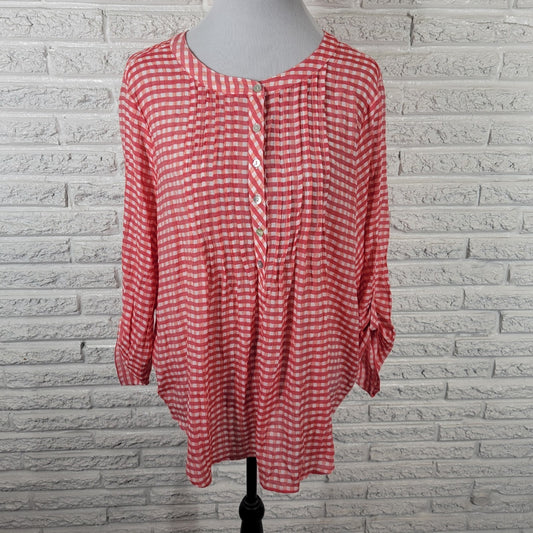 Ruby Rd Women Top 1X Plus Tunic Red Gingham Check Semi Sheer Pintuck Lightweight