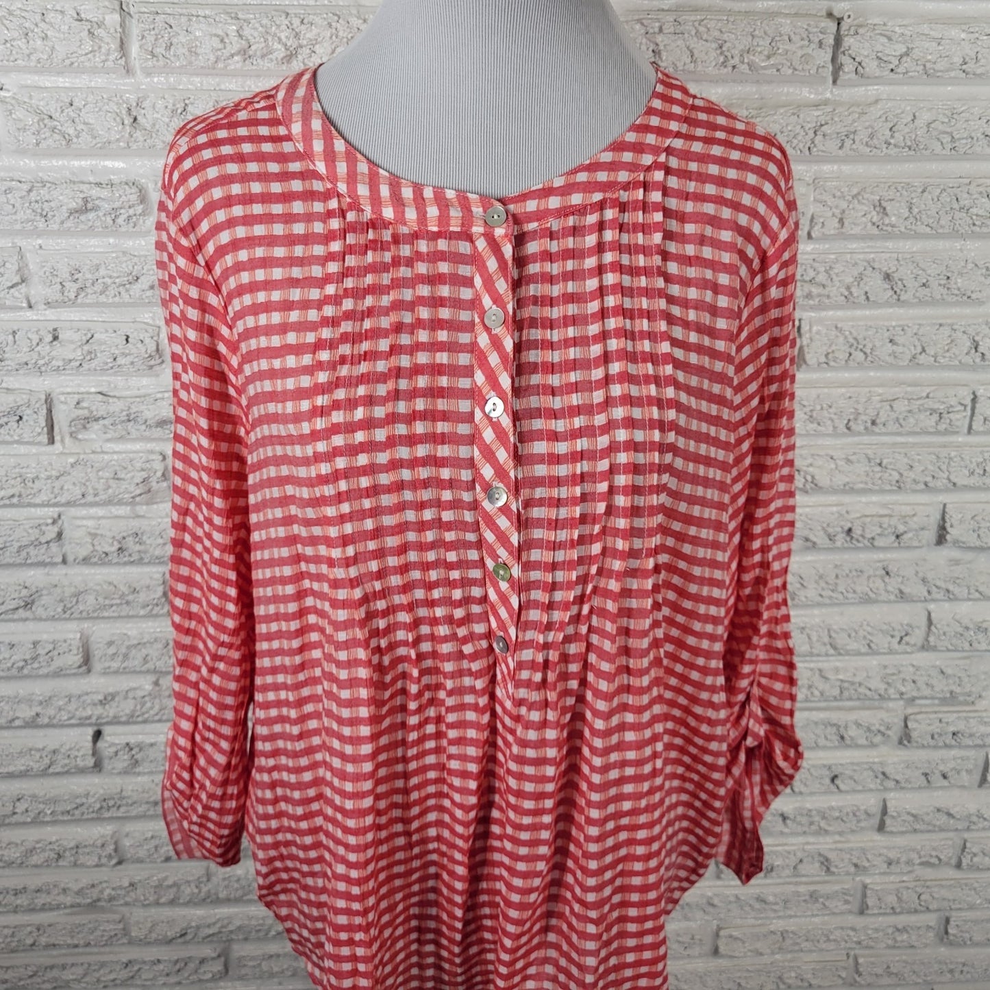 Ruby Rd Women Top 1X Plus Tunic Red Gingham Check Semi Sheer Pintuck Lightweight