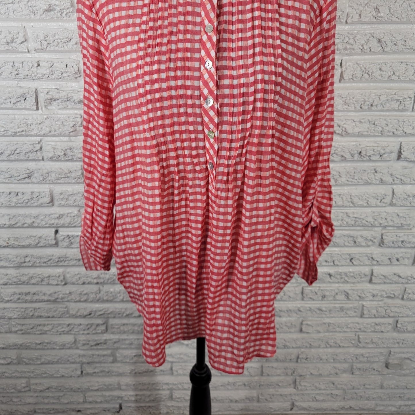 Ruby Rd Women Top 1X Plus Tunic Red Gingham Check Semi Sheer Pintuck Lightweight