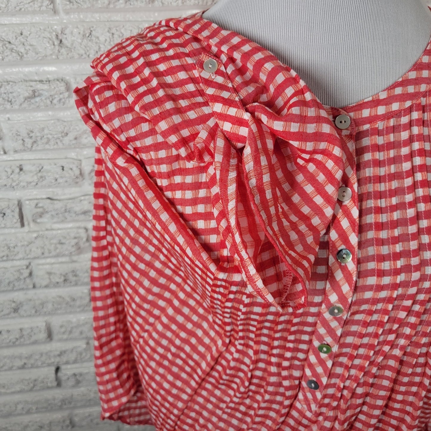 Ruby Rd Women Top 1X Plus Tunic Red Gingham Check Semi Sheer Pintuck Lightweight