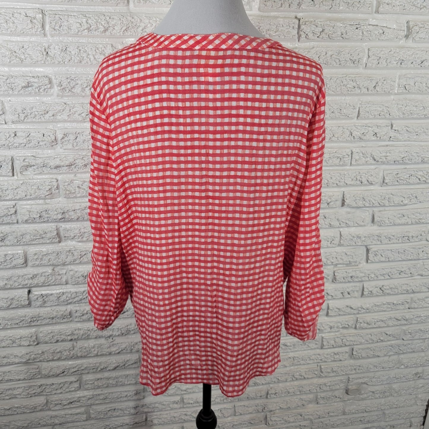 Ruby Rd Women Top 1X Plus Tunic Red Gingham Check Semi Sheer Pintuck Lightweight