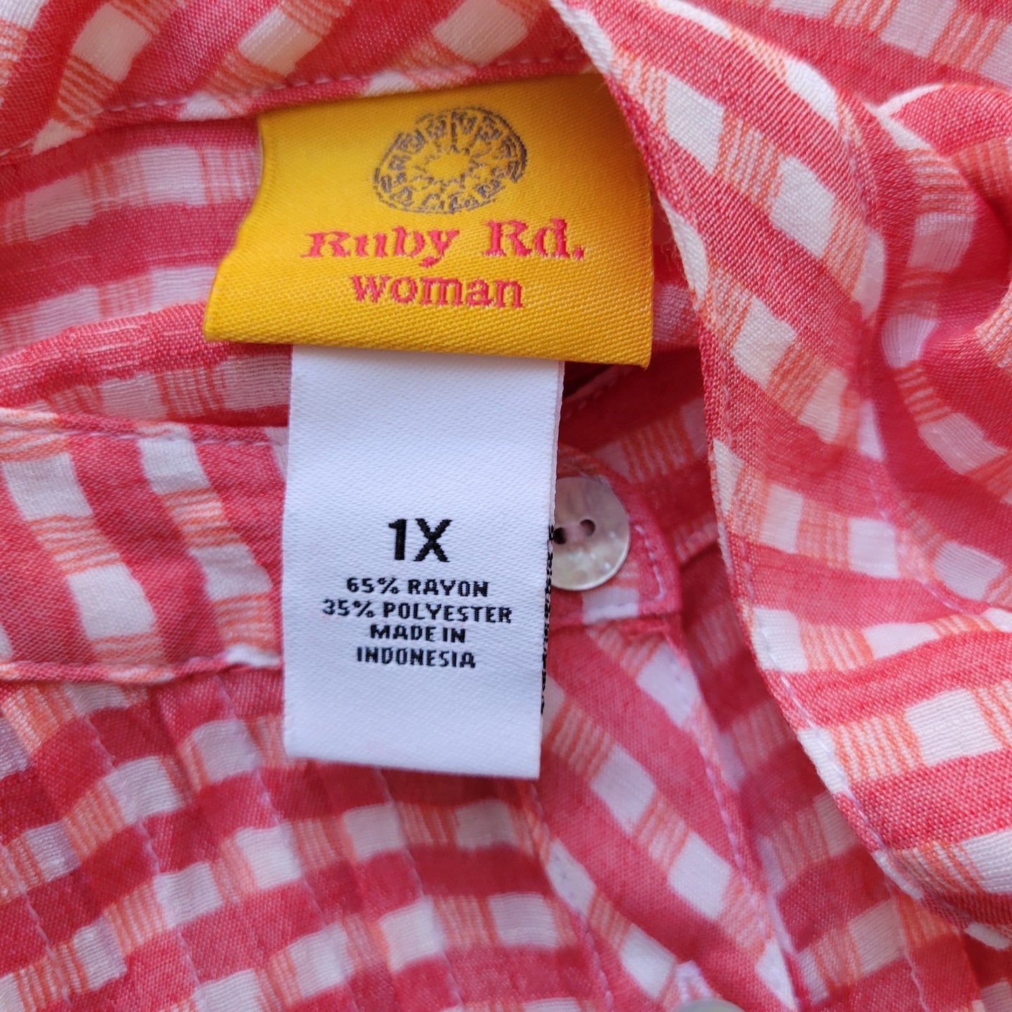 Ruby Rd Women Top 1X Plus Tunic Red Gingham Check Semi Sheer Pintuck Lightweight