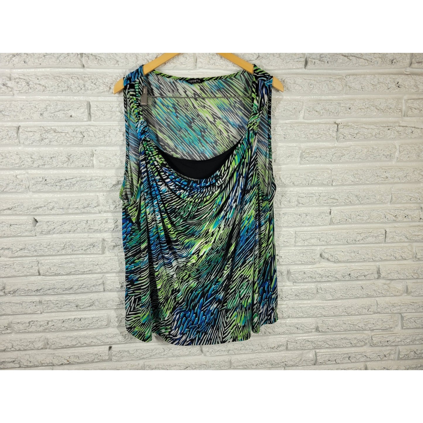 George Women Top 4X 26W 28W Plus Tank Blue Watercolor Draped Poly Blend Career