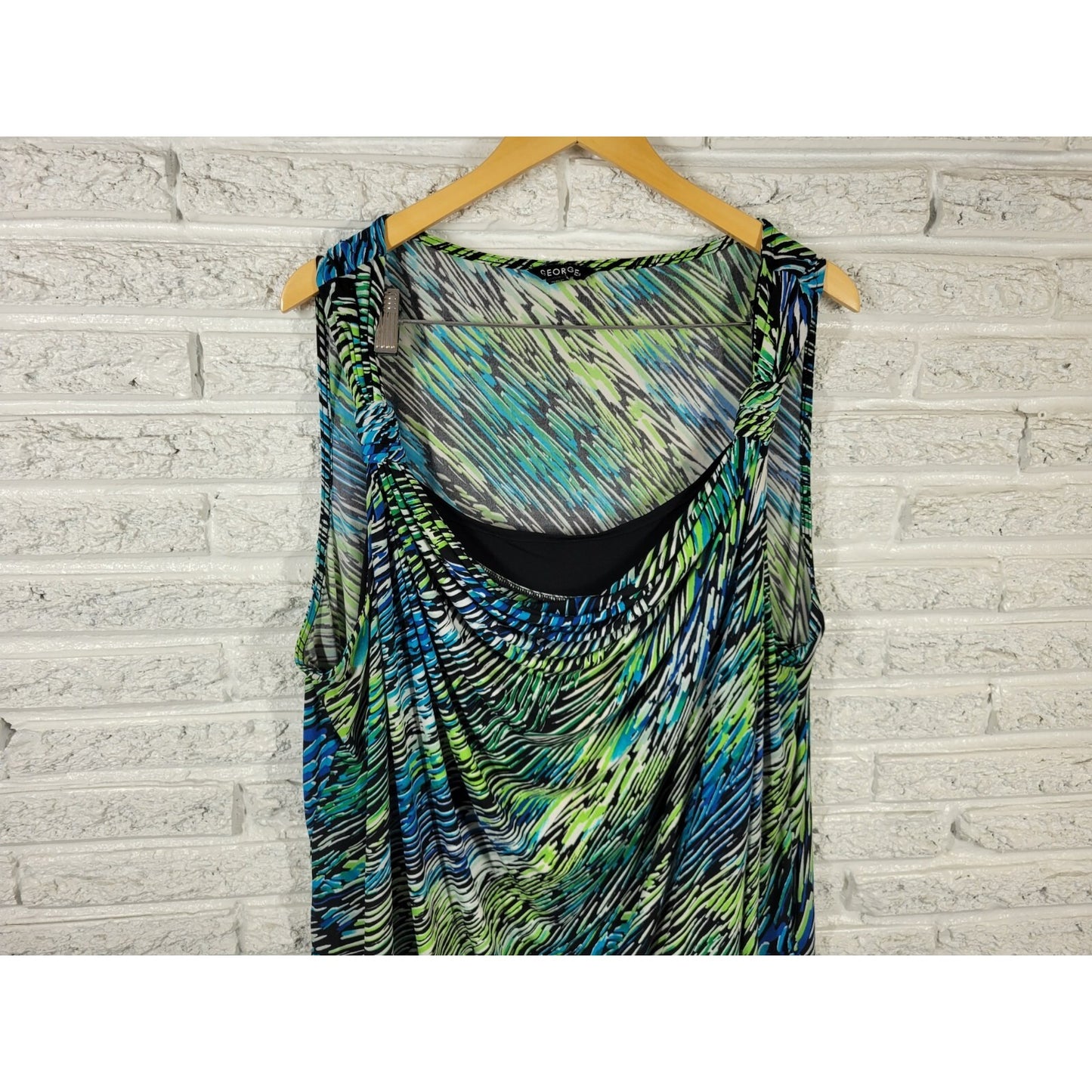 George Women Top 4X 26W 28W Plus Tank Blue Watercolor Draped Poly Blend Career