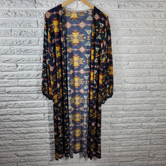 Honeyme Curvy Womens Top Extra Large XL Duster Long Blue Tribal Slit Open Career