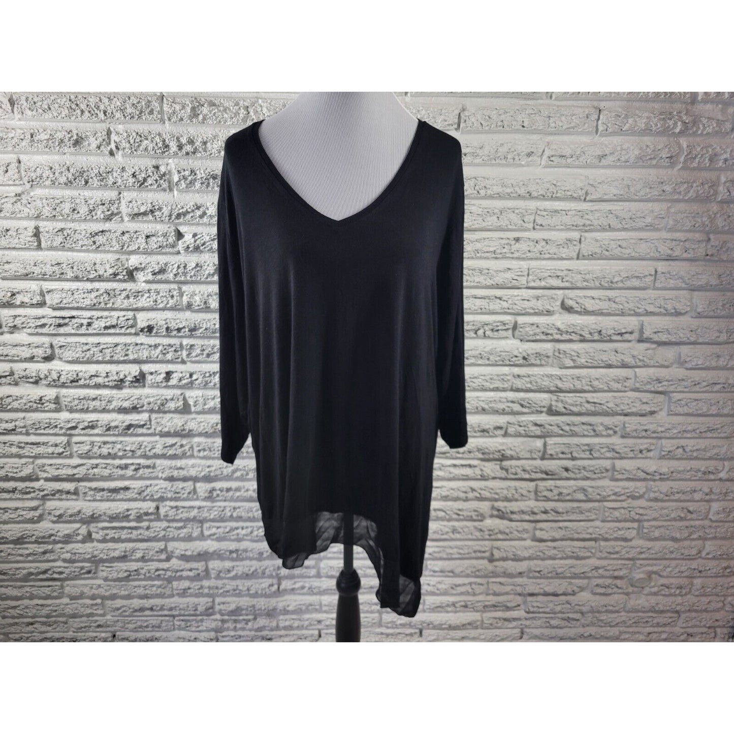 Lane Bryant Womens Top 26 28 Plus Tunic 3/4 Sleeve Asymmetric Black Semi Sheer