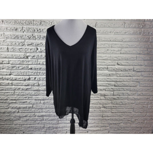 Lane Bryant Womens Top 26 28 Plus Tunic 3/4 Sleeve Asymmetric Black Semi Sheer