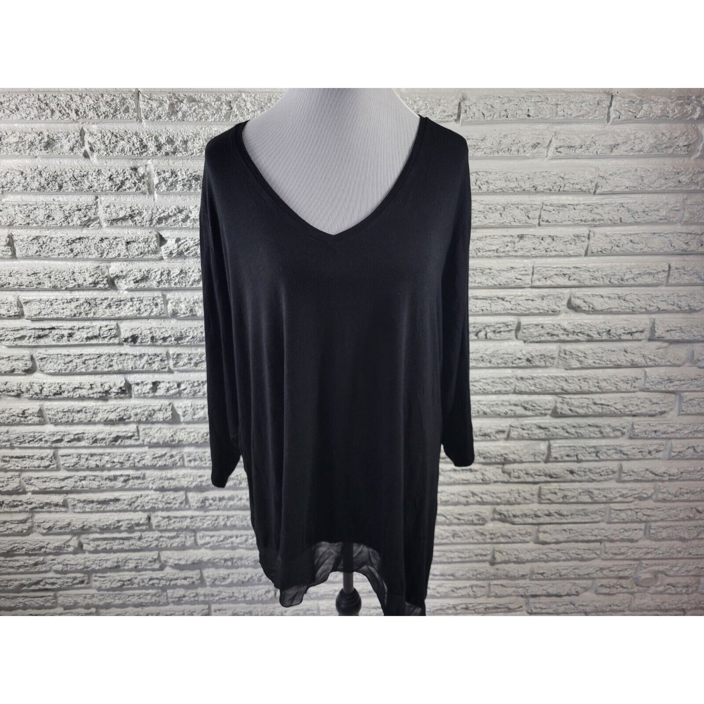 Lane Bryant Womens Top 26 28 Plus Tunic 3/4 Sleeve Asymmetric Black Semi Sheer