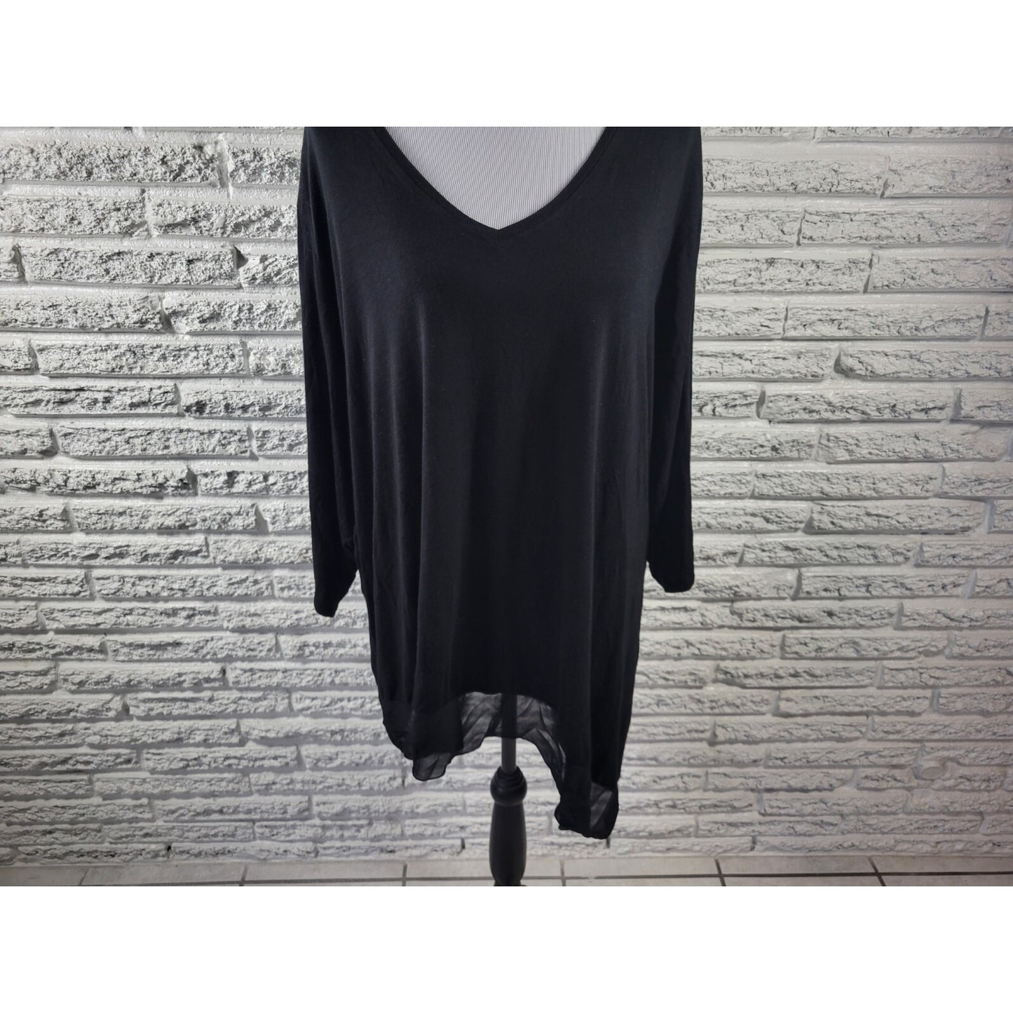Lane Bryant Womens Top 26 28 Plus Tunic 3/4 Sleeve Asymmetric Black Semi Sheer