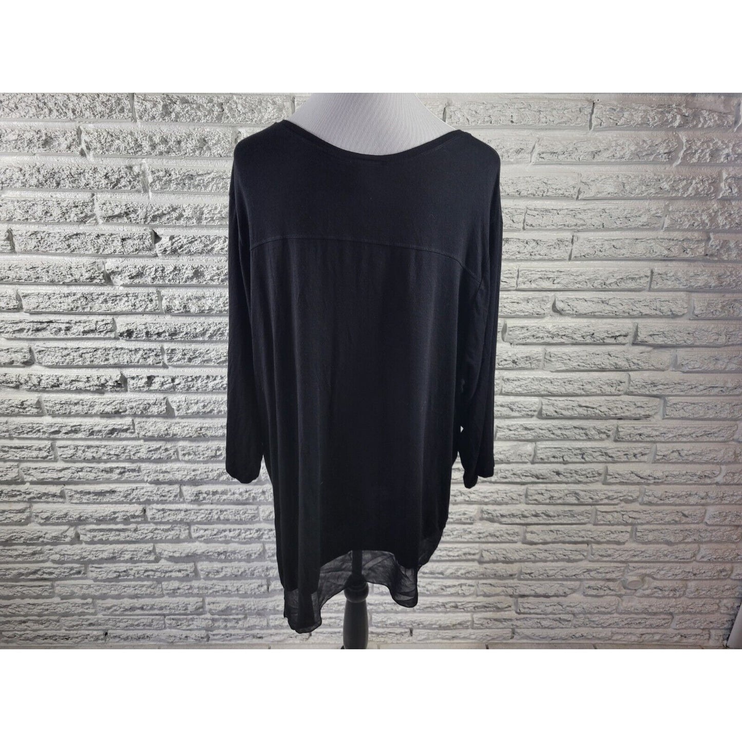 Lane Bryant Womens Top 26 28 Plus Tunic 3/4 Sleeve Asymmetric Black Semi Sheer