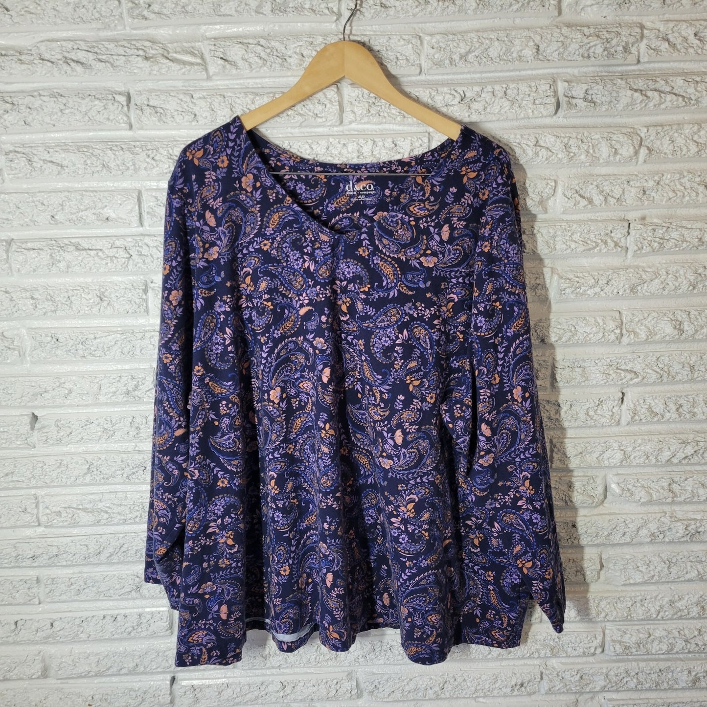 Denim Co Womens Top 5X Plus Long Sleeve Blue Paisley Cotton Blend Comfy Casual