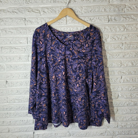 Denim Co Womens Top 5X Plus Long Sleeve Blue Paisley Cotton Blend Comfy Casual